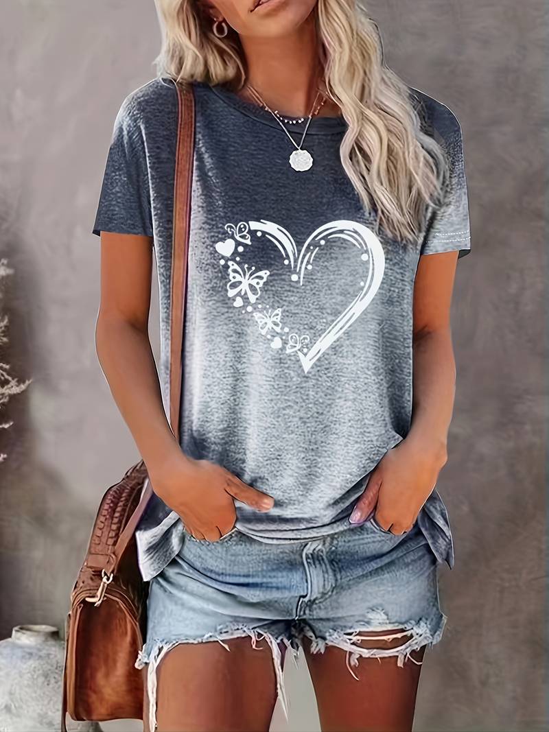 Levoire | T-Shirt Avec Impression De Cœur De Papillon Et Col Rond Gris