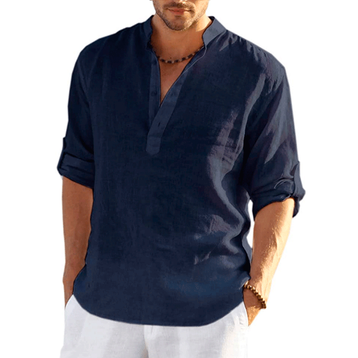 Levoire | Chemise En Lin Pour Hommes Unicolore bleu foncé