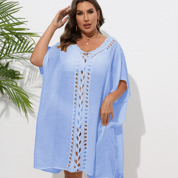 Levoire | Kaftan De Plage Plein D'Air, Avec Bord Tricoté Bleu ciel Une taille