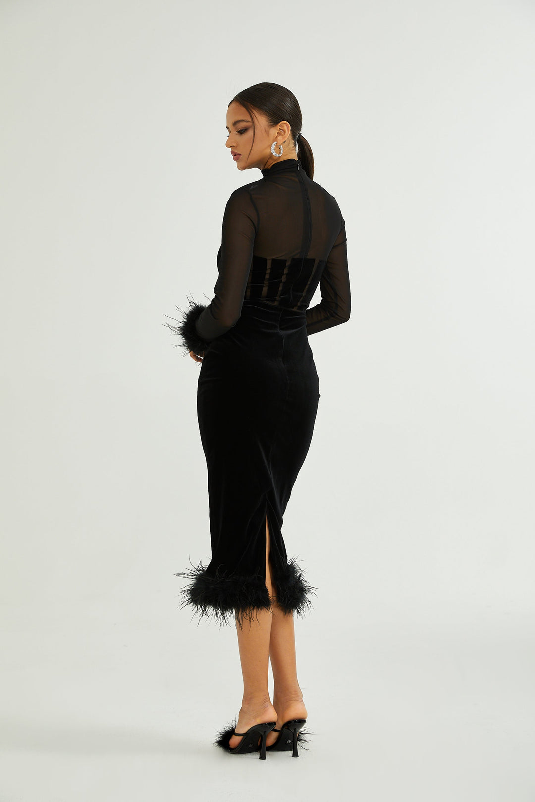 Levoire | Avec Des Plumes Velours Midi Robe