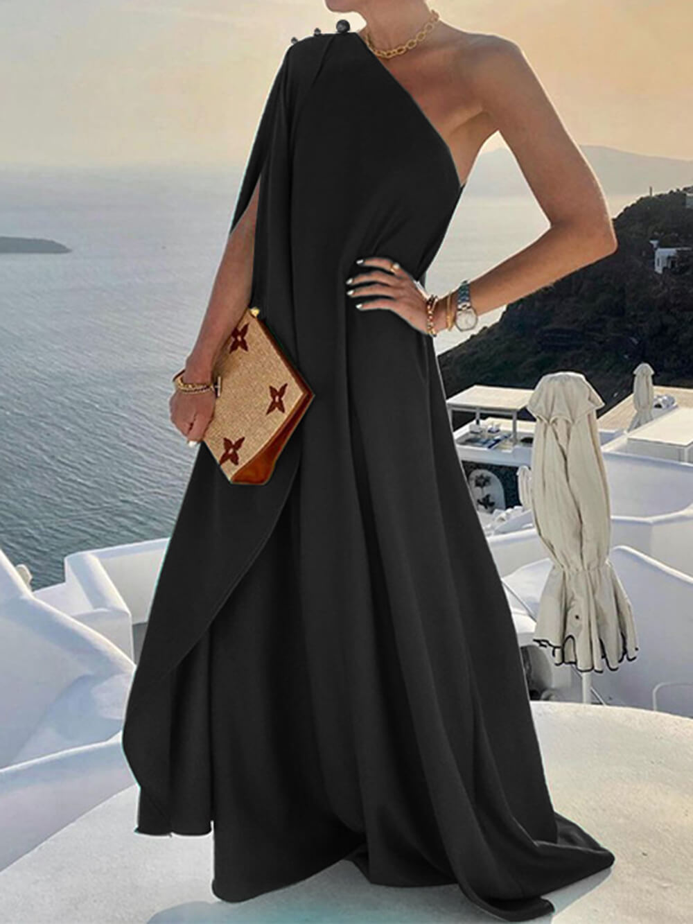 Levoire | Robe Maxi Drapée À Une Épaule Pour Femmes Noir