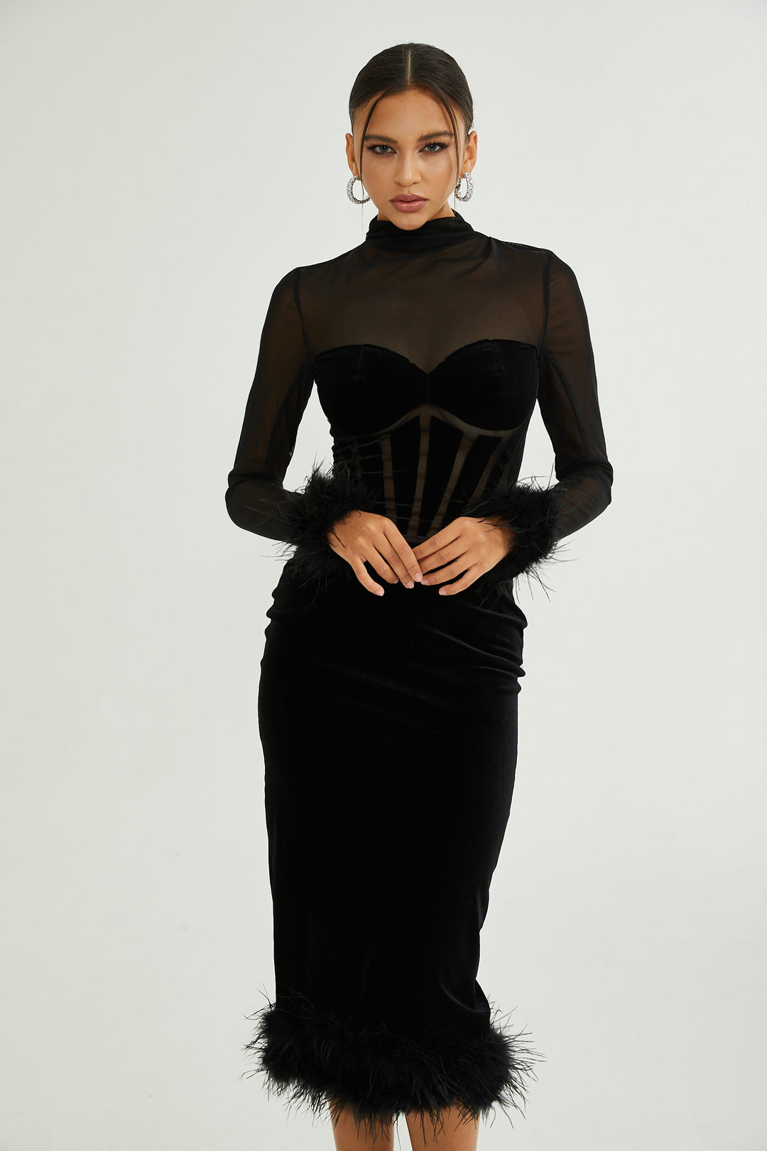 Levoire | Avec Des Plumes Velours Midi Robe