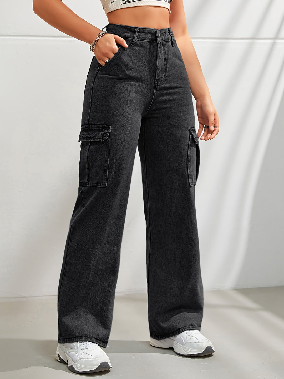 Levoire | Rennot Denim Cargo-Pantalons Avec Jambe Large Et Taille Haute Noir