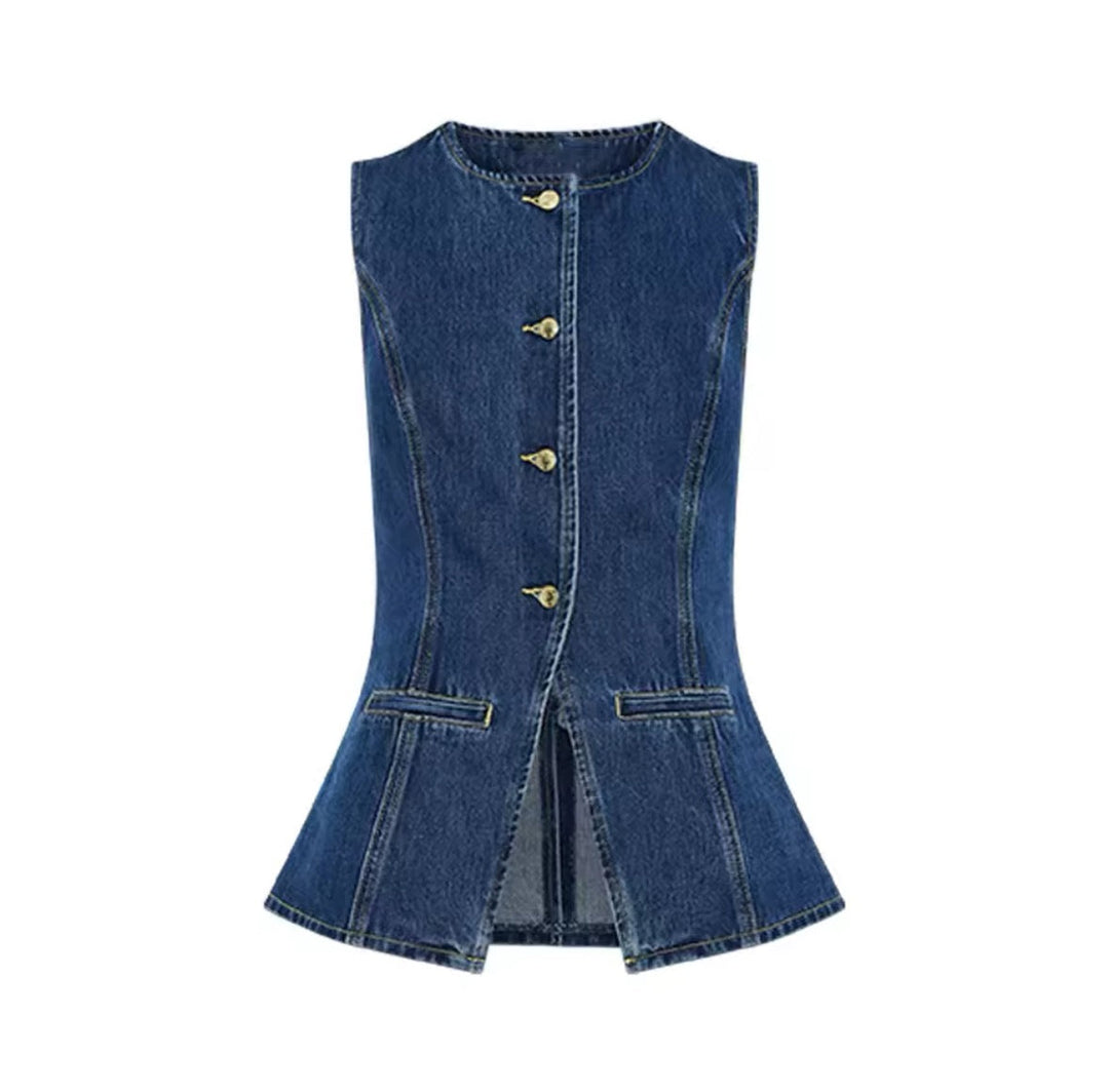Levoire | Denim Elegance Ensemble Blazer Sans Manches Avec Shorts