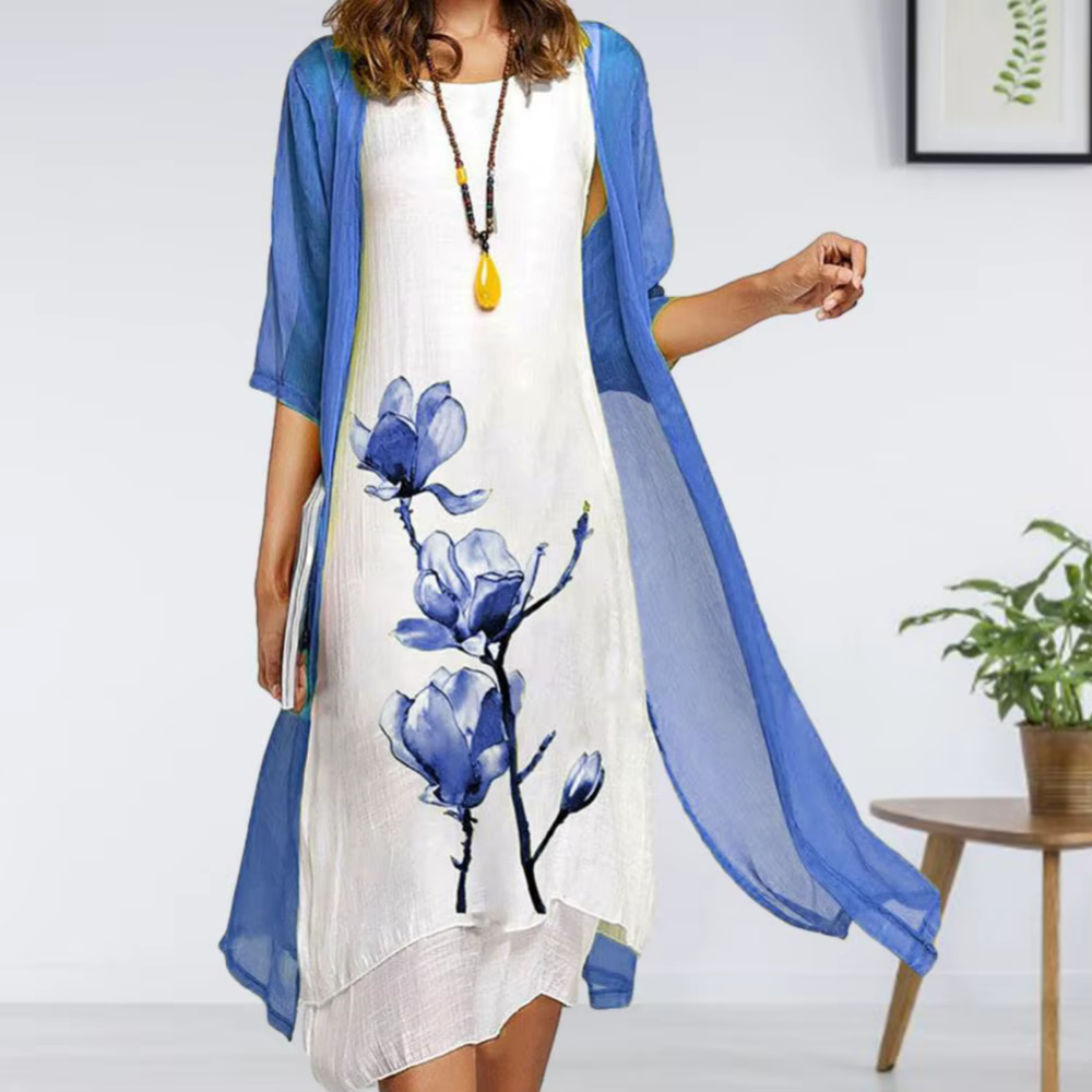 Levoire | Robe D'Été Élégante Avec Art Floral Bleu