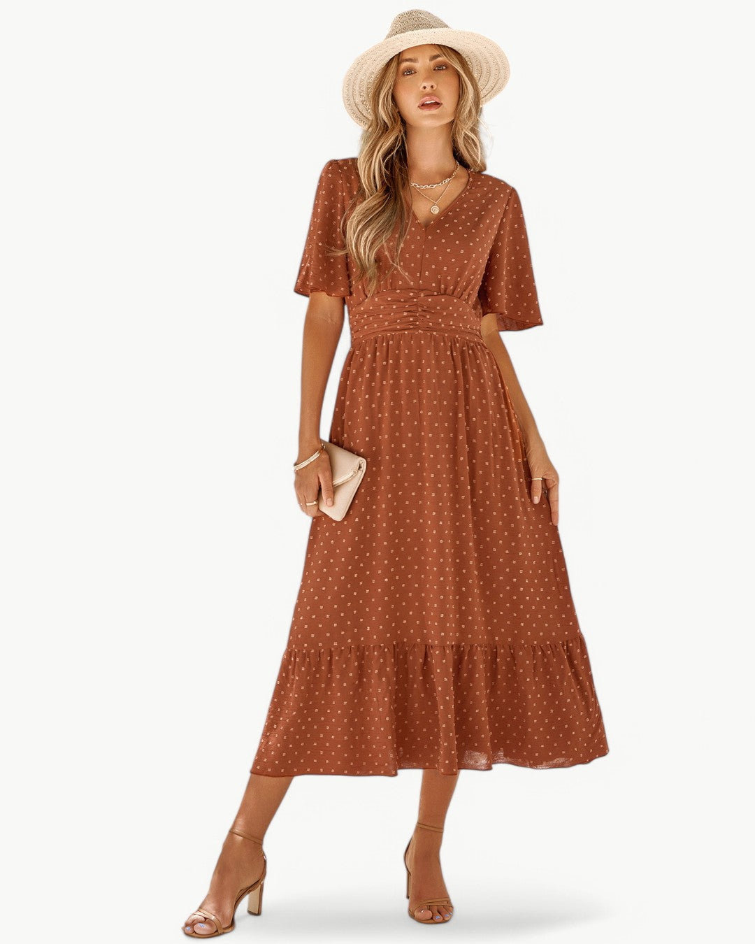 Levoire | Robe Longue À Encolure En V Avec Manches Courtes ROUGE BRIQUE