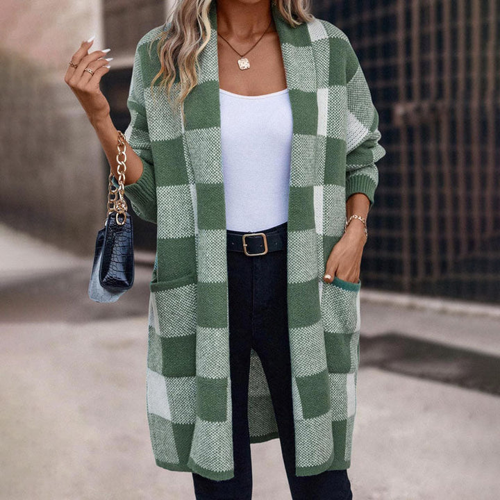Levoire | Gilet Décontracté Femme Long Avec Motif À Carreaux Vert