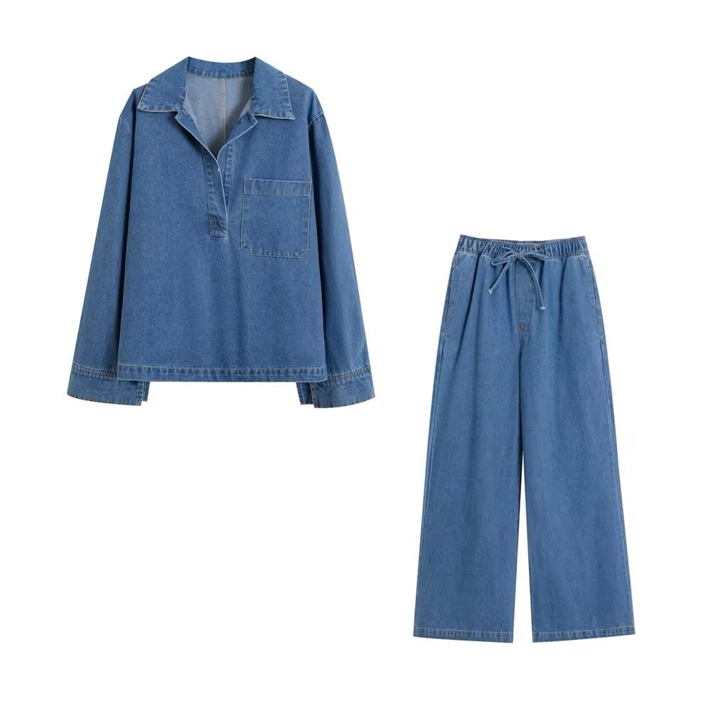 Levoire | Ensemble Deux Pièces En Haut En Denim Décontracté Et Pantalon Bleu