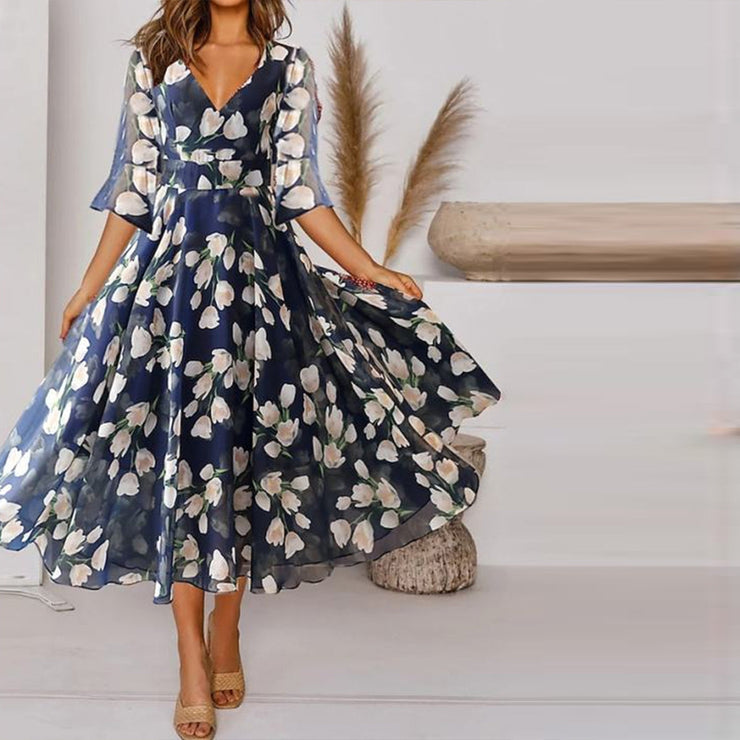 Levoire | Imprimé De Tulipes Fleuries Robe Midi Flottante Pour Femmes 2XL