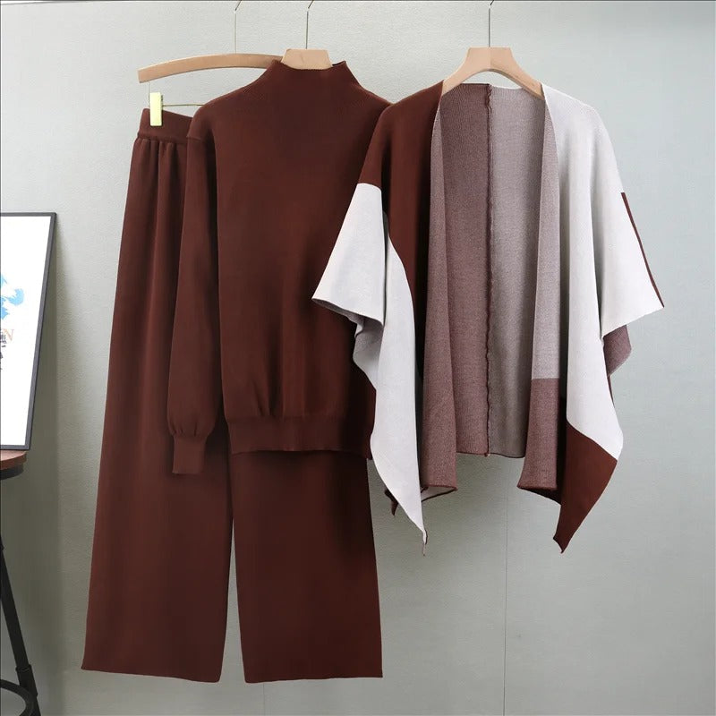 Levoire | Pull À Manches Longues, Châle Enveloppant Avec Pantalon Large, Ensemble Trois Pièces Rouge foncé Une taille convient à tous