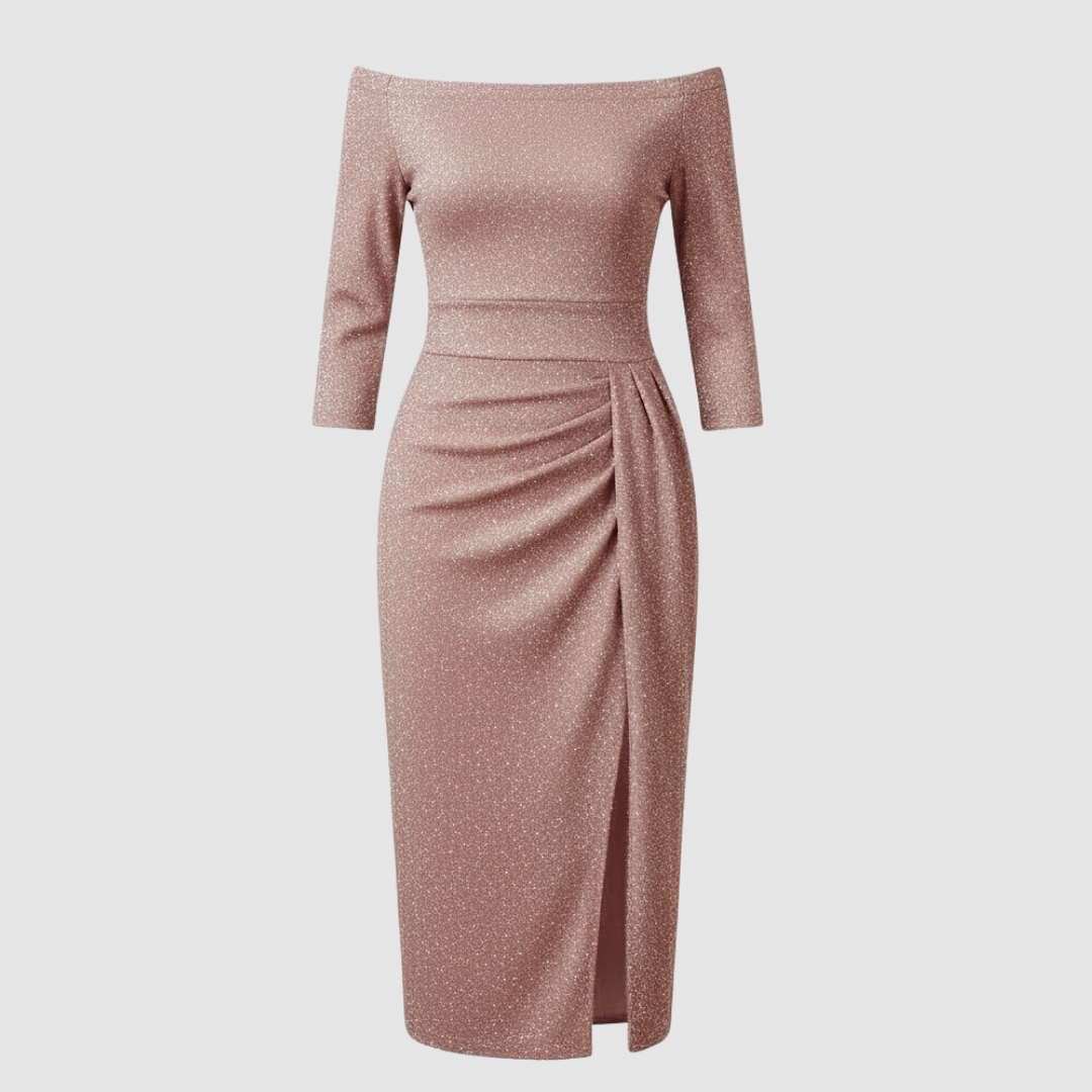 Robe élégante pour invitée de mariage épaules dénudées longue satin | Avriane