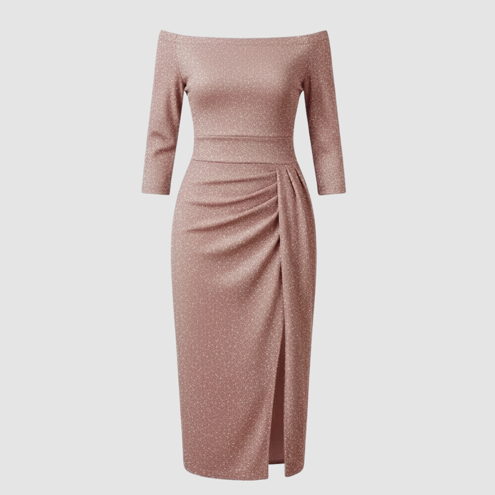 Robe élégante pour invitée de mariage épaules dénudées longue satin | Avriane