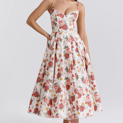 Levoire | Robe Midi Florale Féminine Avec Haut À Corset