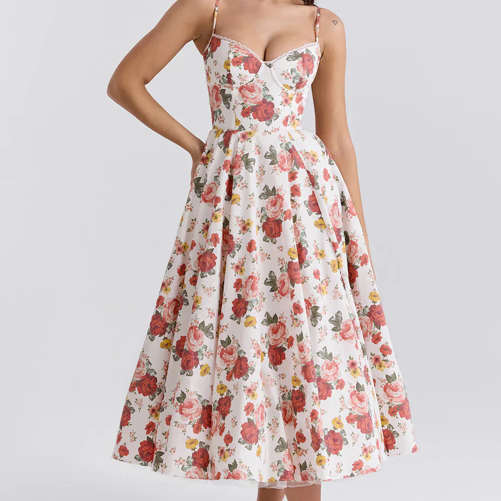 Levoire | Robe Midi Avec Corsage Floral Pour Femmes Fleurs Rouges
