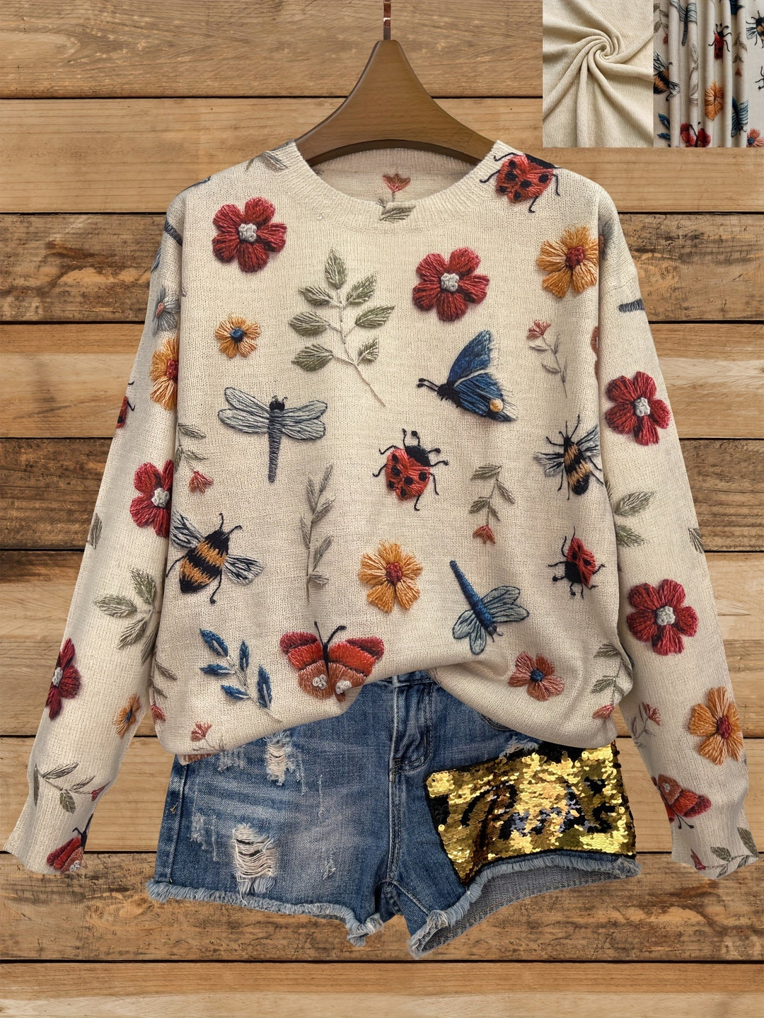 Levoire | Pull Confortable Avec Motif De Fleurs Et De Libellules Abricot