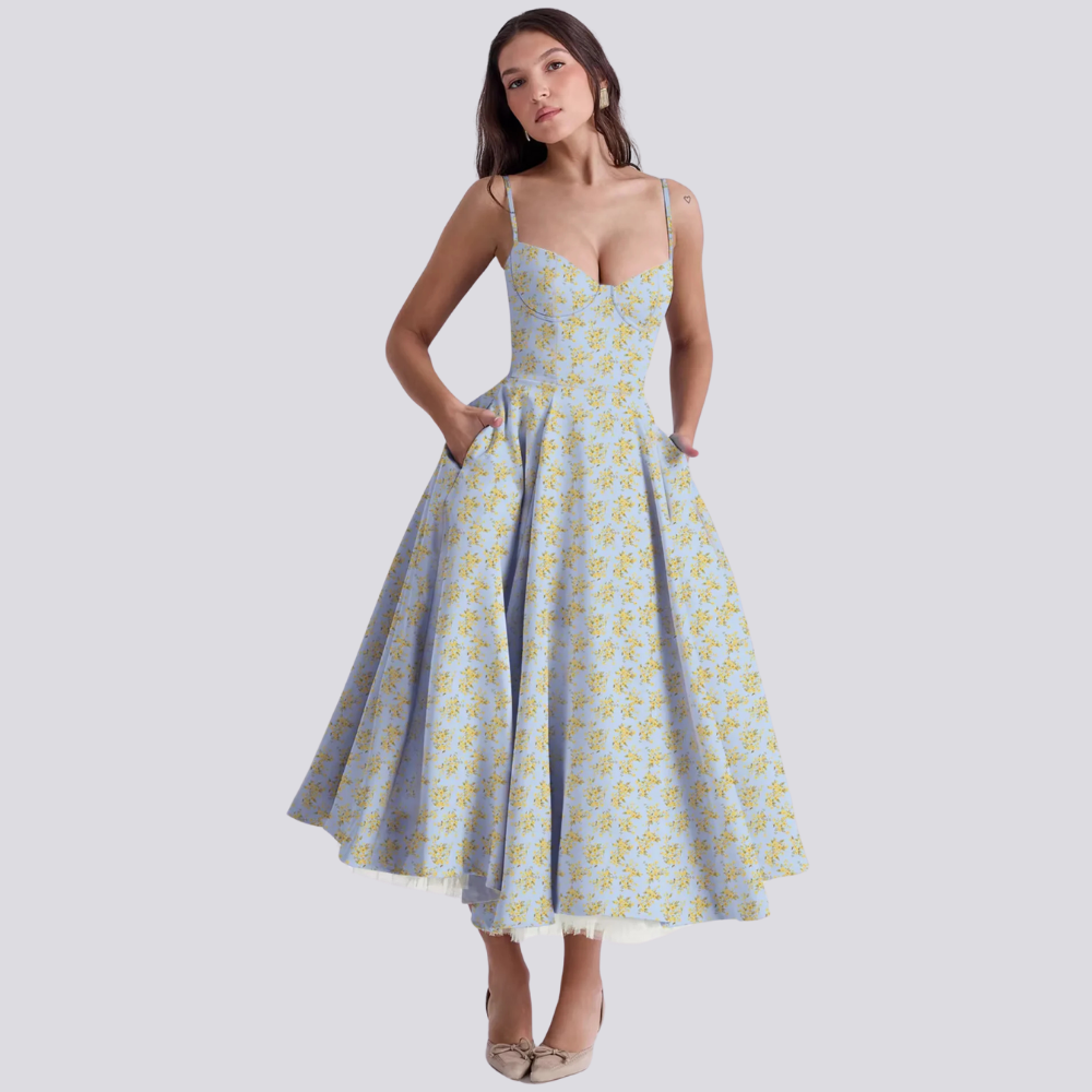 Levoire | Robe Midi Avec Corsage Floral Pour Femmes Fleur Jaune
