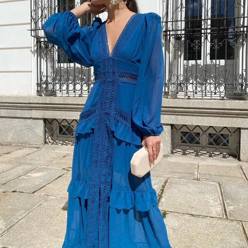 Levoire | Robe Maxi À Manches Longues Finie Bleu marine