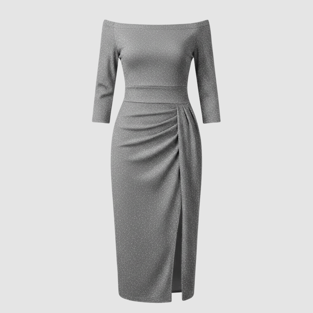 Robe élégante pour invitée de mariage épaules dénudées longue satin | Avriane