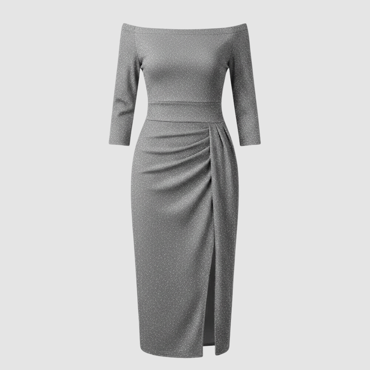 Robe élégante pour invitée de mariage épaules dénudées longue satin | Avriane