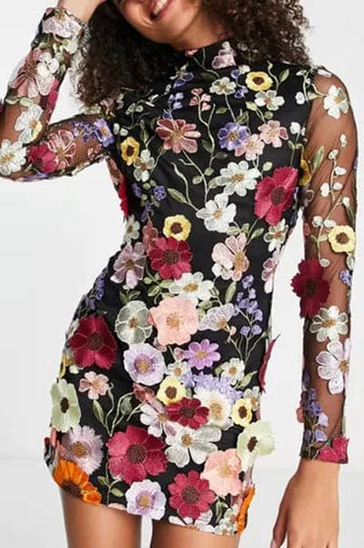 Levoire | Robe À Fleurs Avec Manches Longues Noir