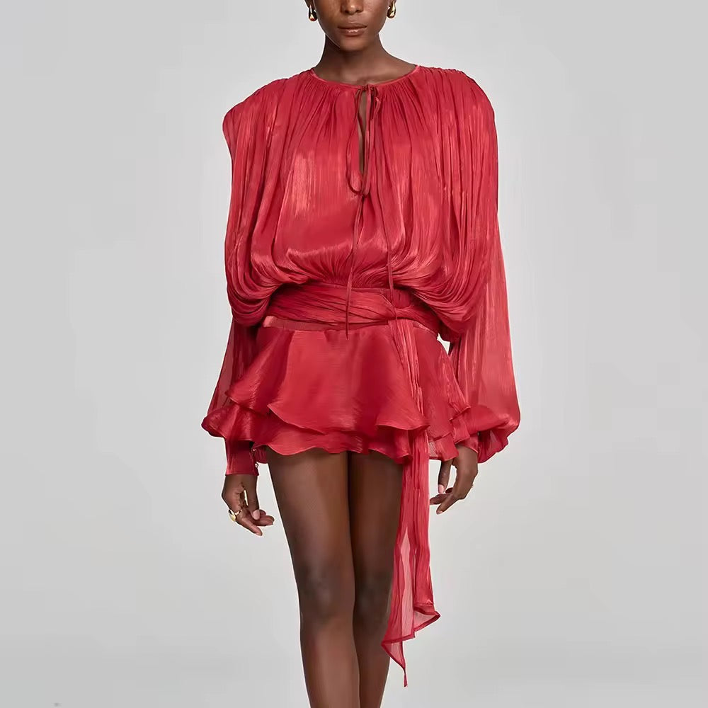 Levoire | Blouse Plissée Élégante Avec Ceinture Et Mini-Jupe À Volants