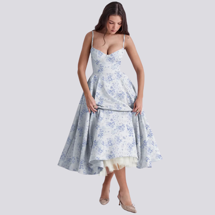 Levoire | Robe Midi Florale Féminine Avec Haut À Corset Blumenblau