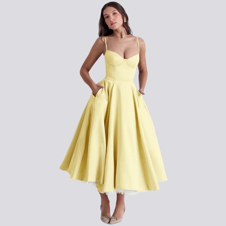 Levoire | Robe Midi Avec Corsage Floral Pour Femmes Jaune