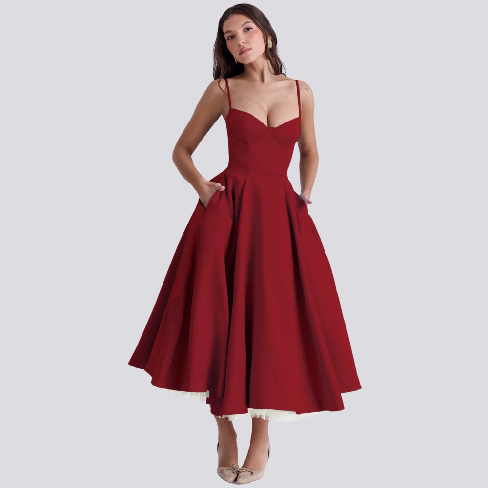 Levoire | Robe Midi Florale Féminine Avec Haut À Corset Rot