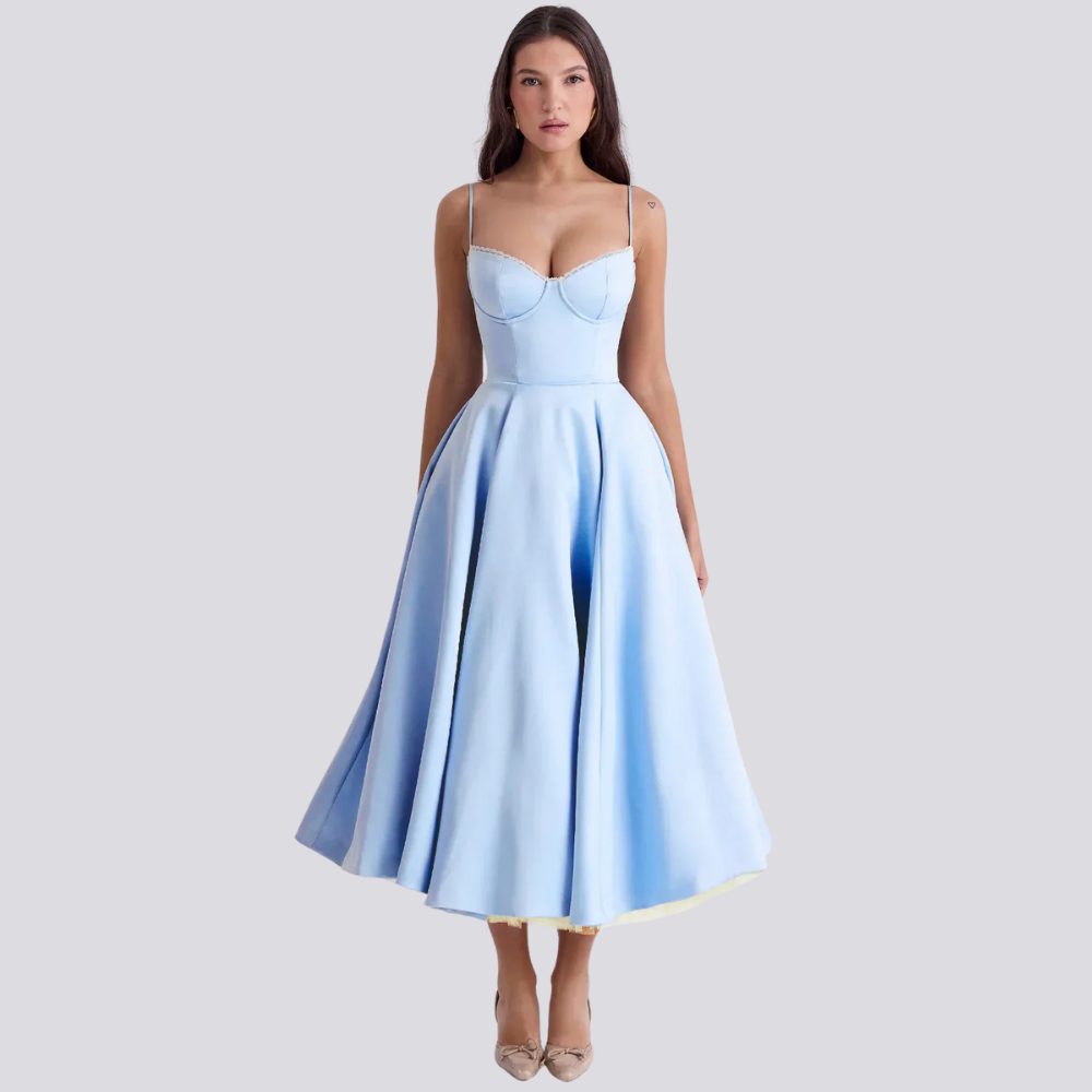 Levoire | Robe Midi Florale Féminine Avec Haut À Corset Bleu