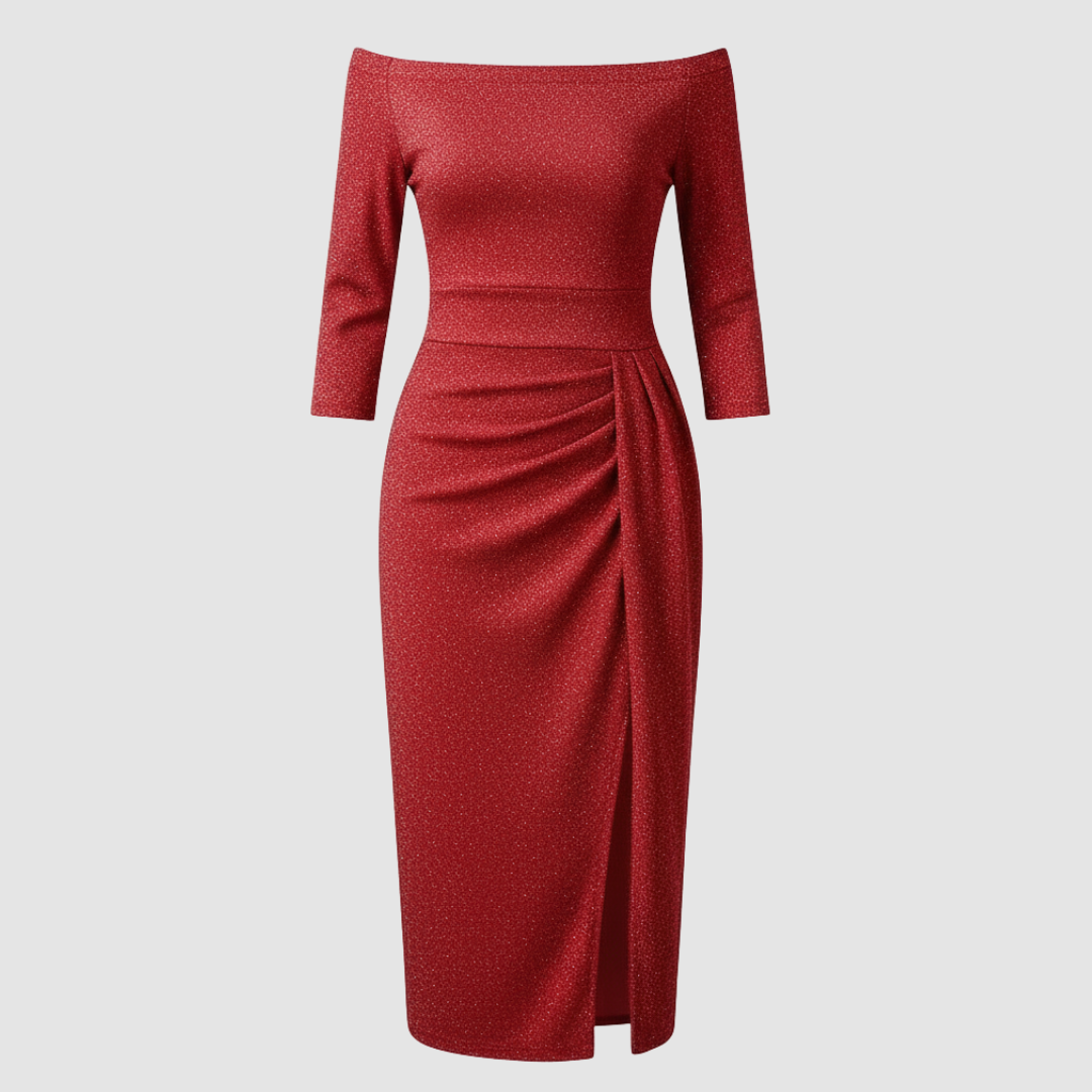 Robe élégante pour invitée de mariage épaules dénudées longue satin | Avriane