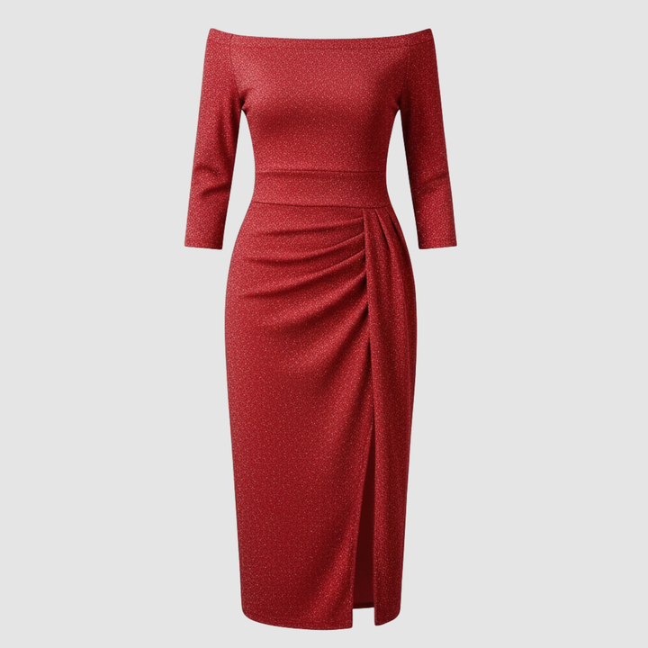 Robe élégante pour invitée de mariage épaules dénudées longue satin | Avriane