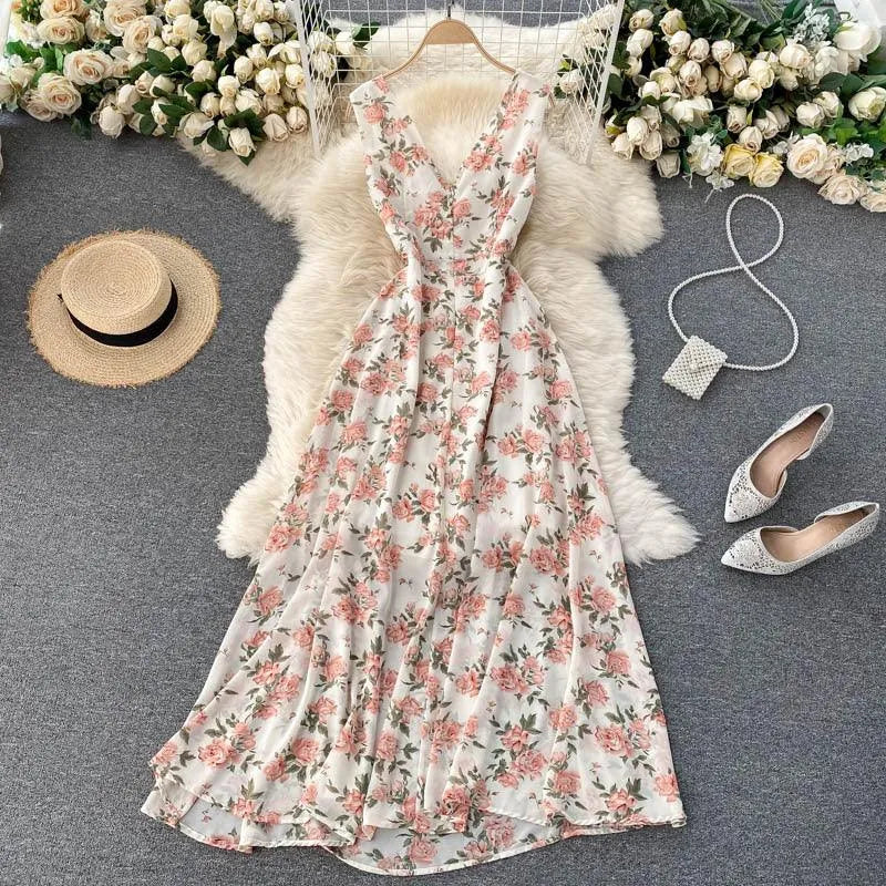 Levoire | Robe longue en sifon à fleurs avec décolleté en V Abricot Une taille