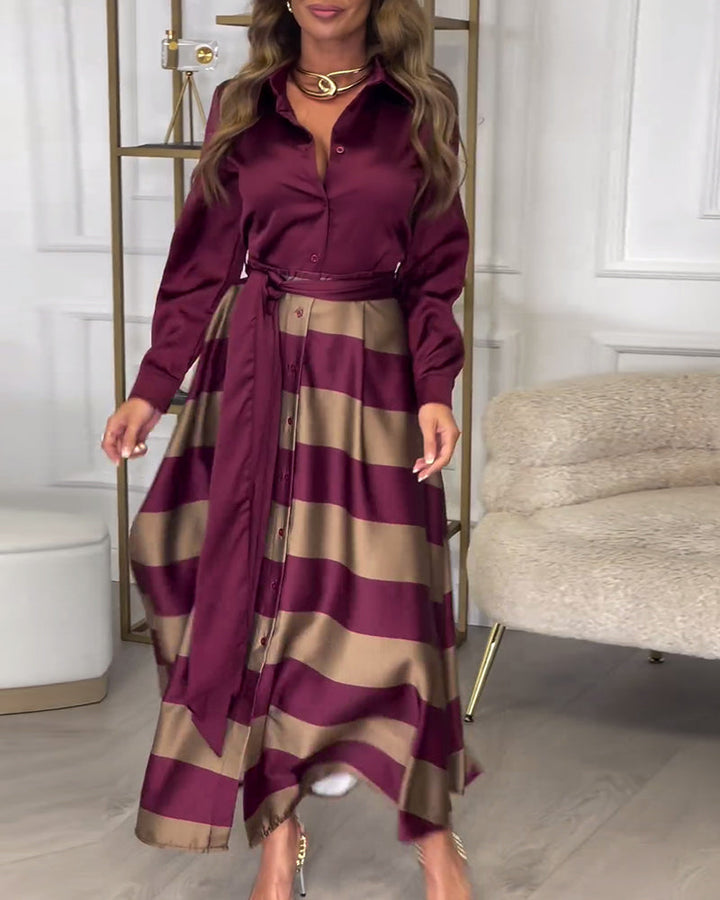 Levoire | Robe Élégante À Rayures Imprimées Avec Revers Et Ceinture