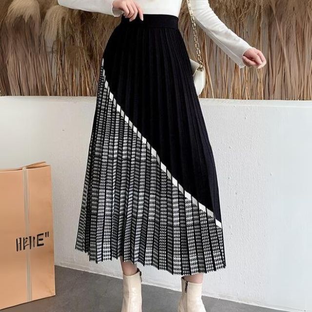Levoire | Jupe mi-longue plissée avec panneau pied-de-poule Noir Taille unique