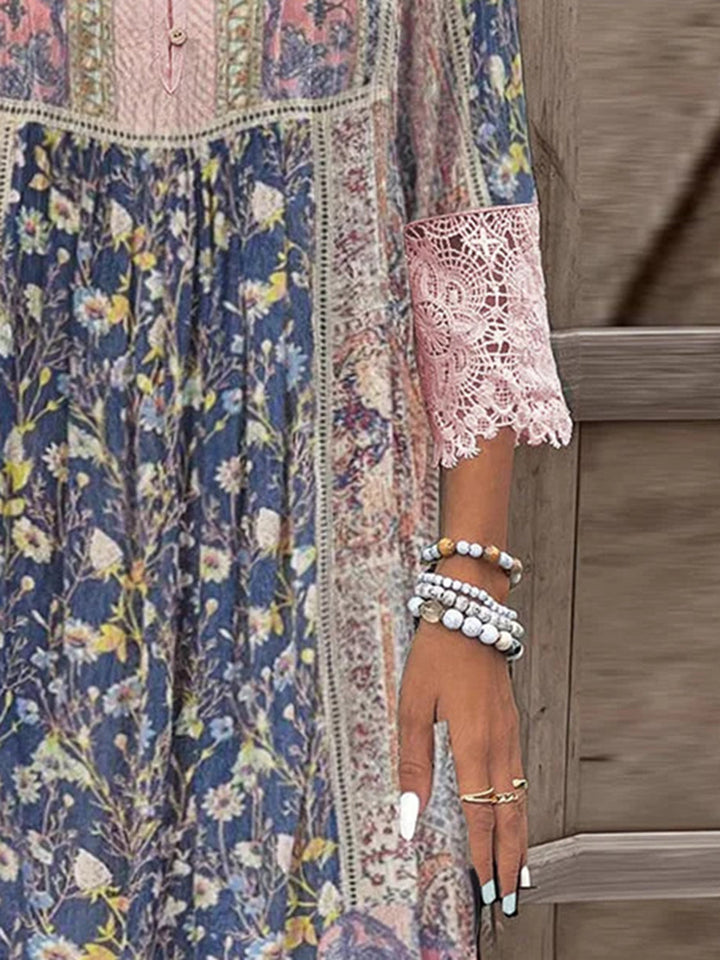 Levoire | Taille Entière Détail En Dentelle Robe À Manches Trois Quarts Imprimée
