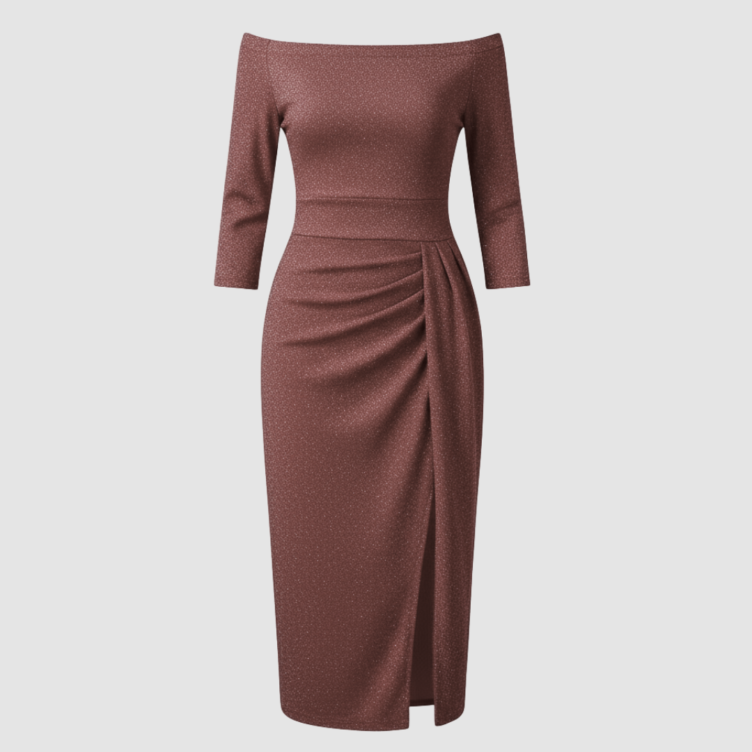 Robe élégante pour invitée de mariage épaules dénudées longue satin | Avriane