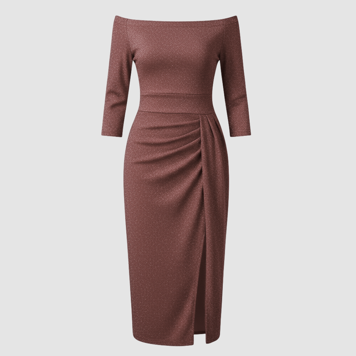 Robe élégante pour invitée de mariage épaules dénudées longue satin | Avriane