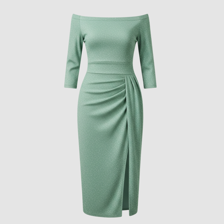 Robe élégante pour invitée de mariage épaules dénudées longue satin | Avriane