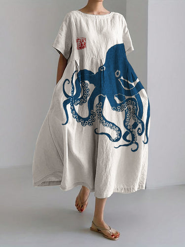 Levoire | Robe longue en lin mélangé avec motif japonais en lin Octopus