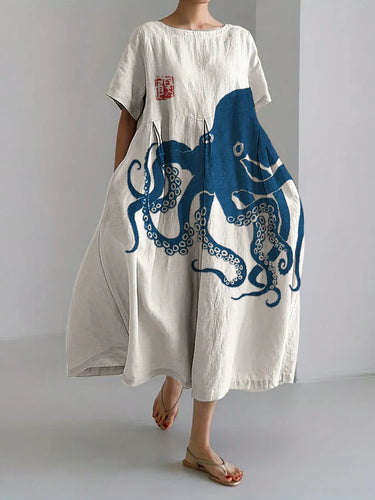 Levoire | Robe Longue En Mi-Lin Avec Motif Japonais En Lin Octopus