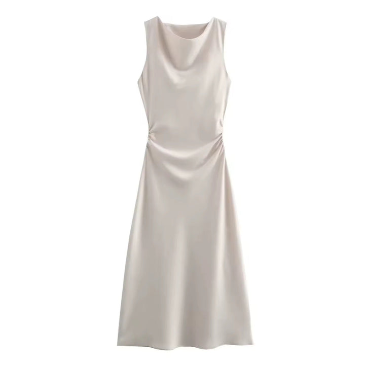 Levoire | Robe Maxi Satin Drapé Élégante Beige