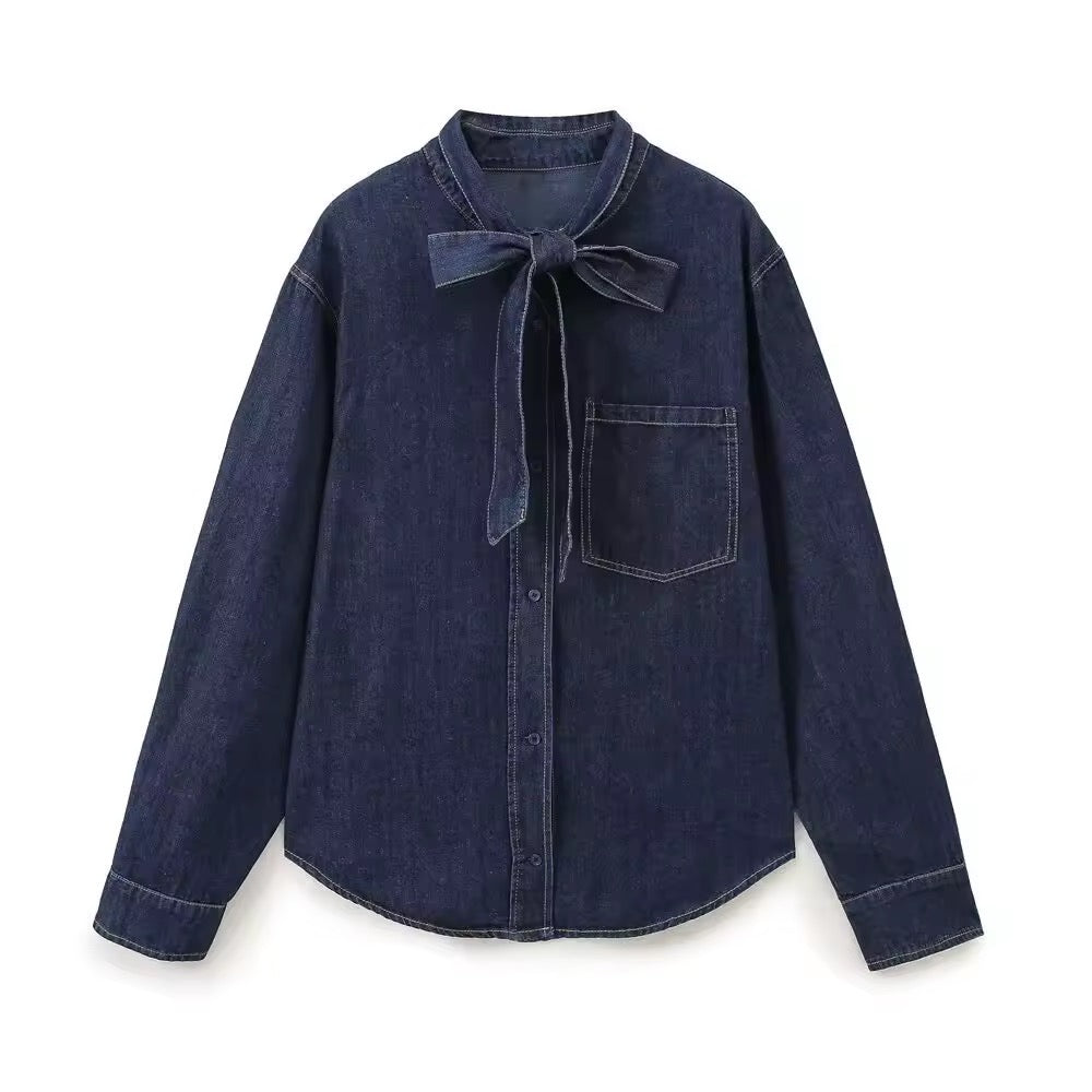 Levoire | Chemisier En Denim Sombre Avec Col À Nœuds