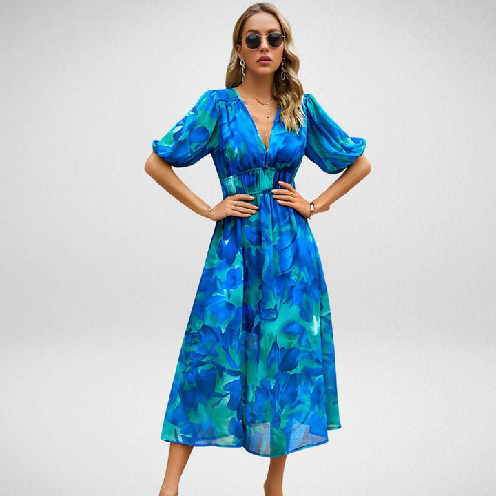 Levoire | Robe Midi Avec Décolleté Remarqué Et Manches Courtes Bouffantes Avec Imprimé Abstrait Bleu