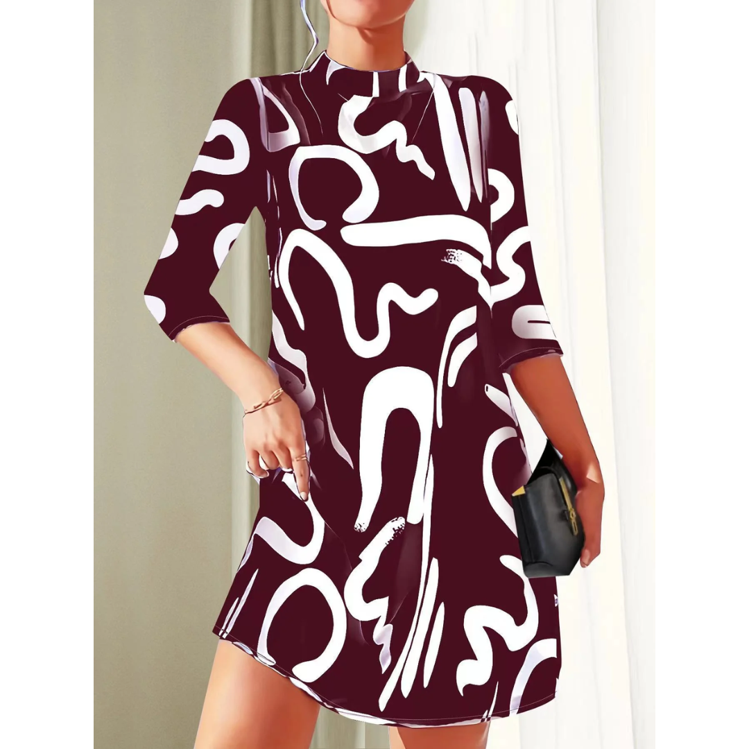 Levoire | Robe Mini Imprimée 3/4 Manches Pour Femmes Vin rouge