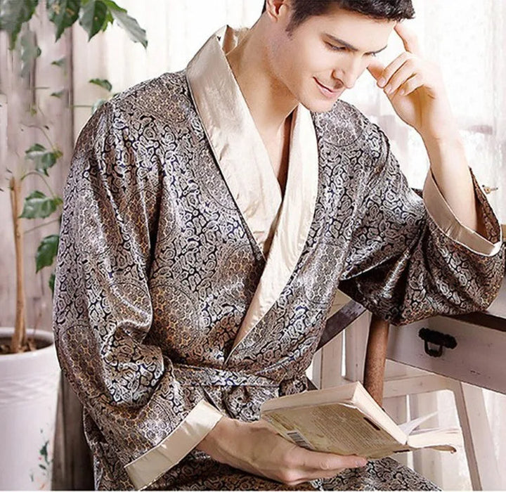 Levoire | Imprimé en or Peignoir Satin Luxe Bleu-vert Or A
