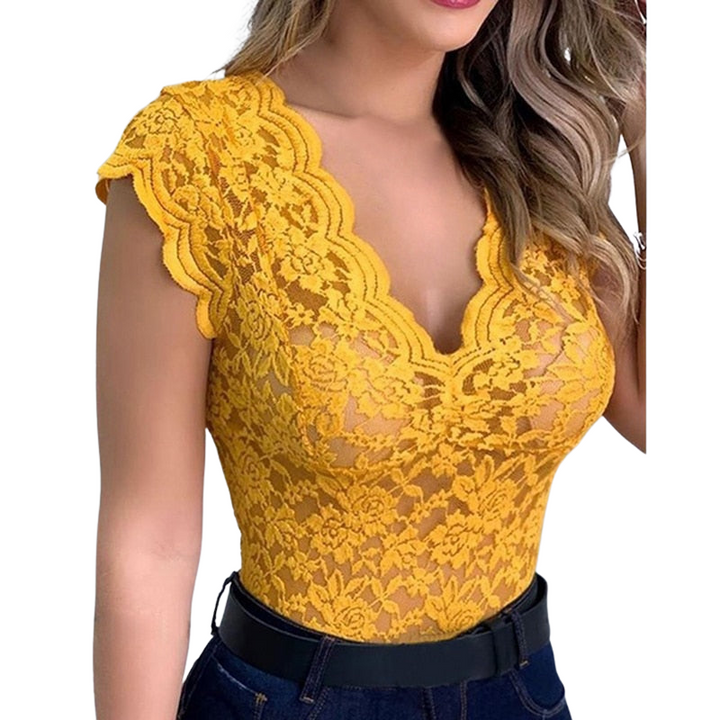 Levoire | Top Sexy Femme Top en Dentelle Élégant Détails Raffinés Jaune