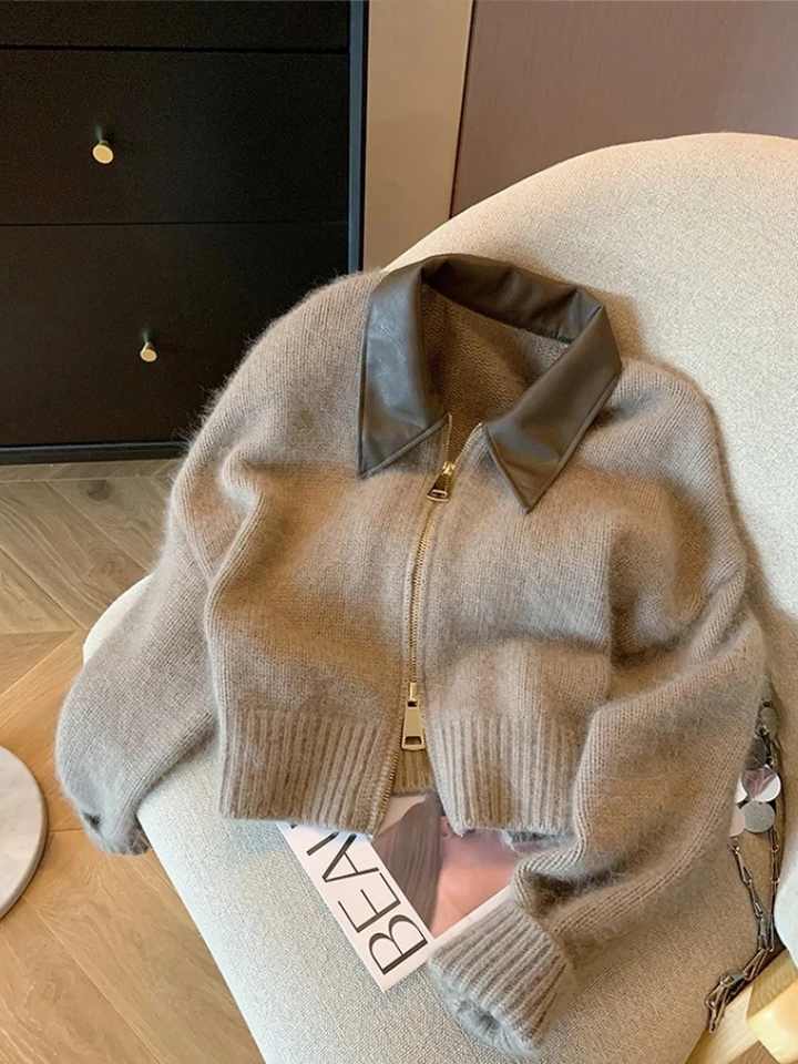 Levoire | Gilet pour femmes avec fermeture éclair à col en cuir utilisé Braun