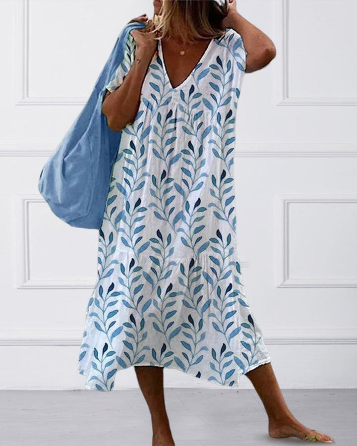 Levoire | Robe pour femme avec décolleté en V et imprimé de feuilles - Bleu