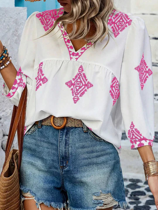 Levoire | Blouse Avec Imprimé Rétro Pour Femmes Blanc avec rose modèle