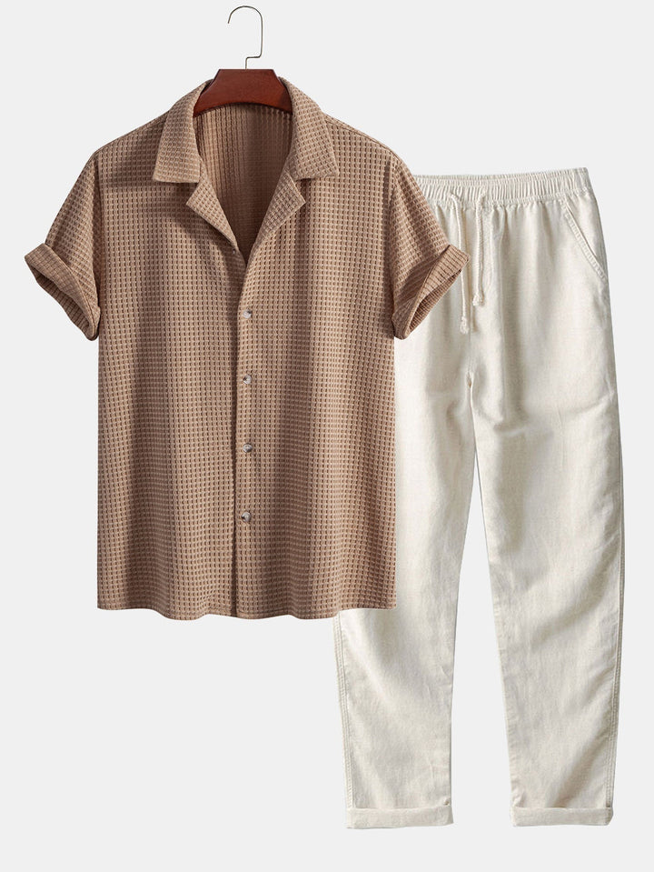 Levoire | Haut À Manches T-Shirt Waffle Cubain & Pantalons En Lin À Jambes Droites marron